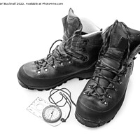 Buy canvas prints of Hiking Boots and Compass Black and White by Pearl Bucknall