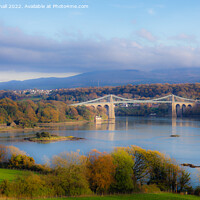 Buy canvas prints of Menai Strait and Bridge in Autumn Anglesey by Pearl Bucknall