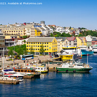 Buy canvas prints of Colourful Kristiansund Harbour Norway panorama by Pearl Bucknall
