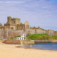 Buy canvas prints of Peel Castle and Beach Isle of Man panorama by Pearl Bucknall