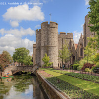 Buy canvas prints of River Stour and Westgate towers Canterbury Kent pa by Pearl Bucknall