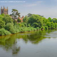 Buy canvas prints of Hereford Cathedral Across River Wye Herefordshire by Pearl Bucknall