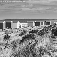 Buy canvas prints of Findhorn Beach Huts Scotland black and white by Pearl Bucknall