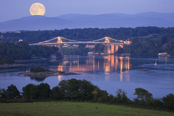 Wales Anglesey Menai Bridge and Full Moon Framed Print by Pearl Bucknall