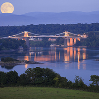 Buy canvas prints of Wales Anglesey Menai Bridge and Full Moon by Pearl Bucknall