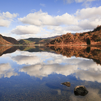 Buy canvas prints of Reflections in Llyn Dinas Lake Snowdonia by Pearl Bucknall