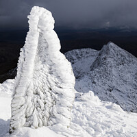 Buy canvas prints of Icy Watkin Path Marker Stone on Snowdon by Pearl Bucknall