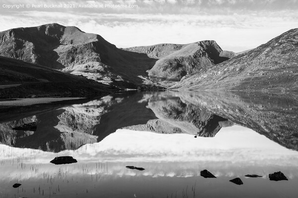 Monochrome Llyn Ogwen Mountain Reflections Wales Picture Board by Pearl Bucknall