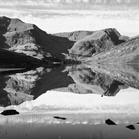 Buy canvas prints of Monochrome Llyn Ogwen Mountain Reflections Wales by Pearl Bucknall