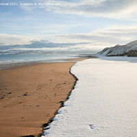 Buy canvas prints of Benllech Beach with Snow by Pearl Bucknall