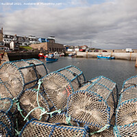 Buy canvas prints of Lobster Pots in Seahouses Harbour Northumberland by Pearl Bucknall