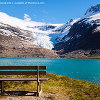 Buy canvas prints of  Bench by Engabrevatnet Lake and Enga Glacier Norw by Pearl Bucknall