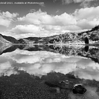 Buy canvas prints of Monochrome Llyn Dinas Lake in Snowdonia by Pearl Bucknall