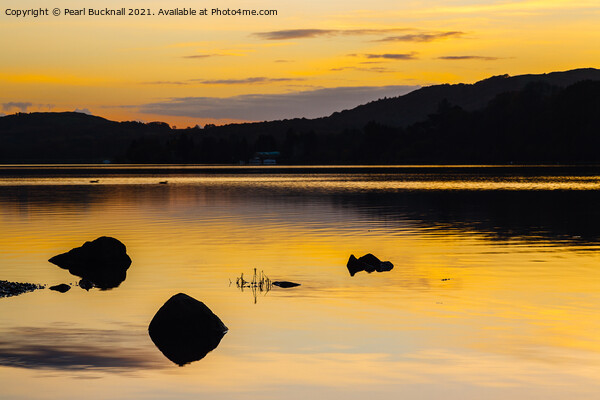 Golden Sunset on Coniston Water Lake District Picture Board by Pearl Bucknall