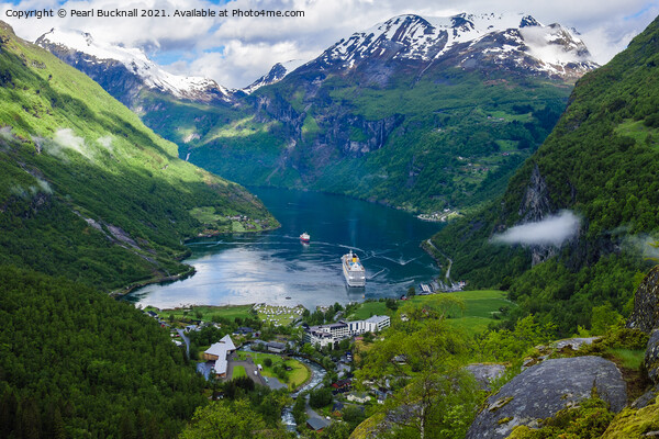 Cruise Ships in Geiranger Fjord Norway Picture Board by Pearl Bucknall
