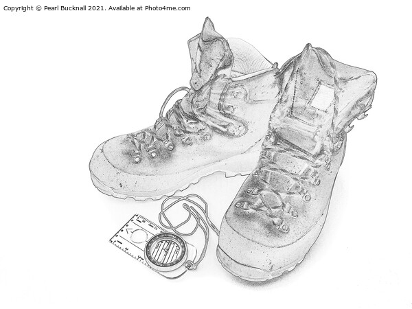 Walking Boots and Compass in Monochrome Sketch Picture Board by Pearl Bucknall