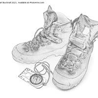 Buy canvas prints of Walking Boots and Compass in Monochrome Sketch by Pearl Bucknall