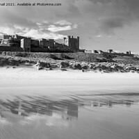 Buy canvas prints of Monochrome Bamburgh Castle on Northumberland Coast by Pearl Bucknall