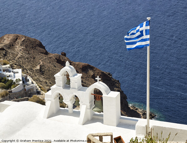 Santorini Bell Tower and Greek Flag Picture Board by Graham Prentice