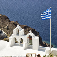 Buy canvas prints of Santorini Bell Tower and Greek Flag by Graham Prentice