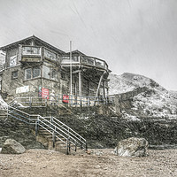 Buy canvas prints of Sea Spray Fistral during Snow Storm by Diane Griffiths