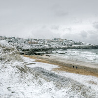 Buy canvas prints of Fistral Beach towards Pentire under snow by Diane Griffiths
