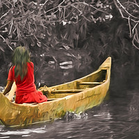 Buy canvas prints of Mystical Red Dress Canoe Ride by Robert Murray