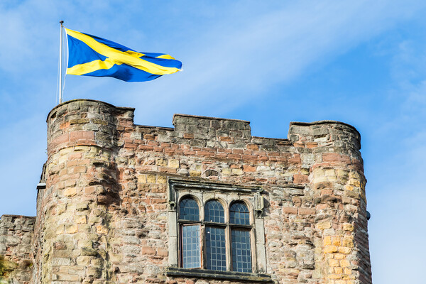 Cross of St Alban flag above Tamworth Castle Picture Board by Jason Wells