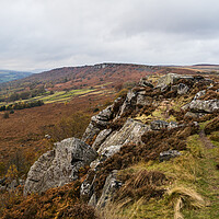 Buy canvas prints of Rocks and heather at Baslow Edge by Jason Wells