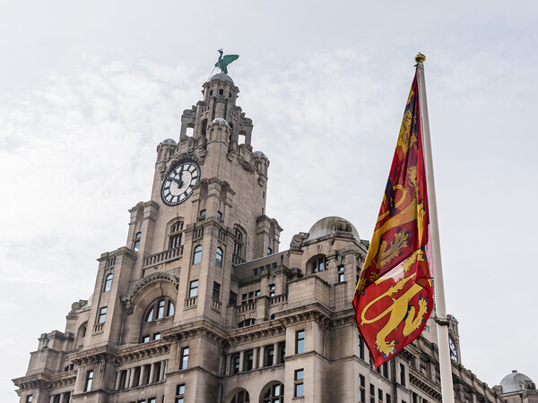 Royal arms of England in front of the Liver Building Picture Board by Jason Wells