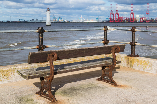 Bench facing out towards Liverpool Bay Picture Board by Jason Wells