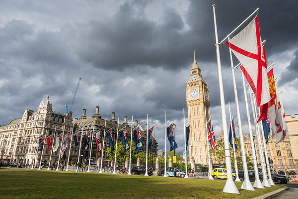 Commonwealth flags in front of Big Ben Picture Board by Jason Wells