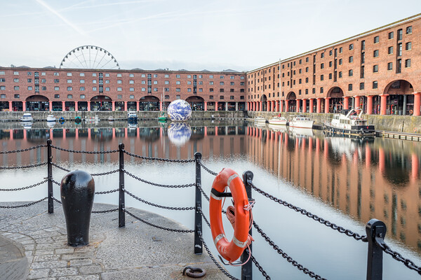 Albert Dock framing the Floating Earth Picture Board by Jason Wells