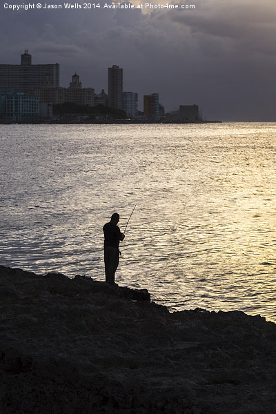 Silhouette of a man fishing in Havana Picture Board by Jason Wells