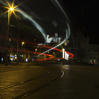 Buy canvas prints of Tram trails heading towards Bratislava Castle by Jason Wells