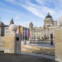 Buy canvas prints of Pier Head between two globes by Jason Wells