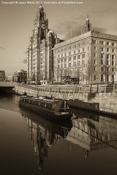 Canal boat in front of the Three Graces Picture Board by Jason Wells