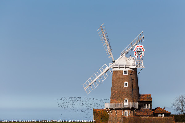 Flock of birds take to the skies behind Cley windm Picture Board by Jason Wells