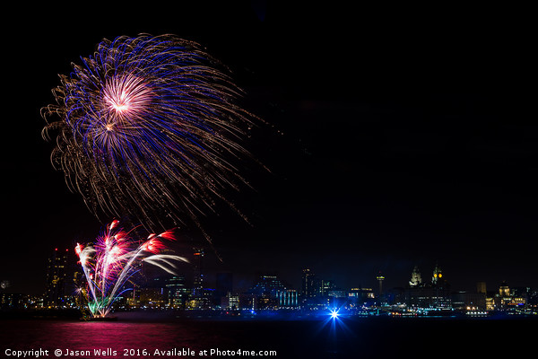 Firework display over the Liverpool skyline Picture Board by Jason Wells