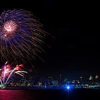 Buy canvas prints of Firework display over the Liverpool skyline by Jason Wells
