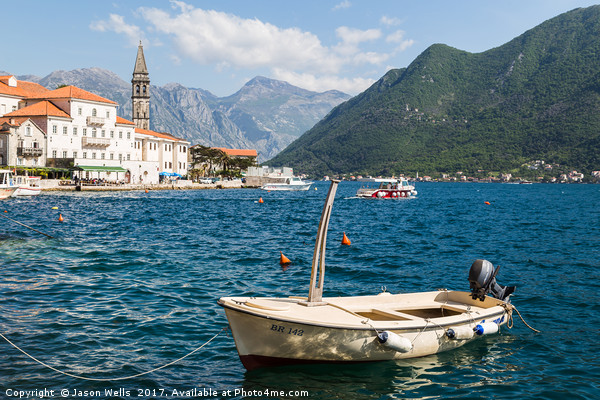 Small boat moored in Perast Picture Board by Jason Wells