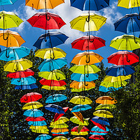 Buy canvas prints of Rainbow of umbrellas hanging in Liverpool fade int by Jason Wells