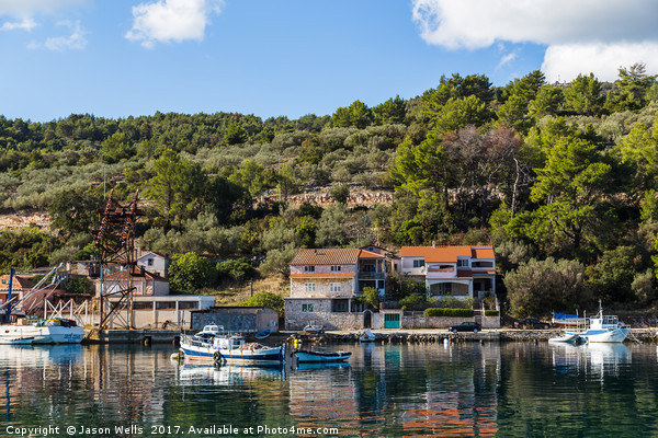 Green trees and shrubs behind Vela Luka harbour Picture Board by Jason Wells