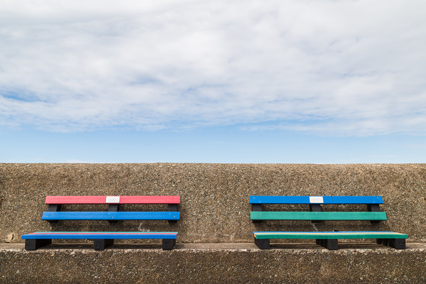 Pair of colourful benches on Wallasey promenade Picture Board by Jason Wells