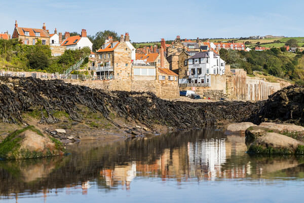 Reflections of Robin Hoods Bay in the rock pools Picture Board by Jason Wells