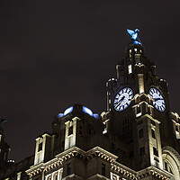 Buy canvas prints of Liver Birds above Liverpool lit up at night by Jason Wells