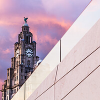 Buy canvas prints of Liver Building behind an abstract building by Jason Wells