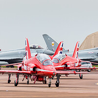 Buy canvas prints of Red Arrows taxi in front of four Typhoons by Jason Wells