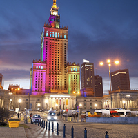 Buy canvas prints of Rainbow colors on PKiN building in Warsaw, Poland by Arletta Cwalina