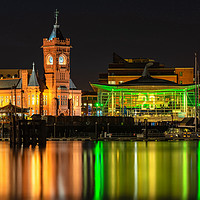 Buy canvas prints of Pierhead Building and Senedd Illuminated Green for by Dean Merry